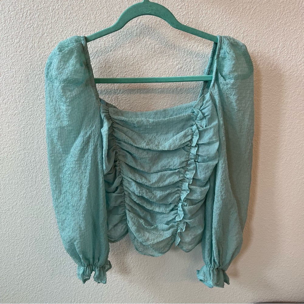 ASTR Blue Sheer Cropped Long Sleeve Top
